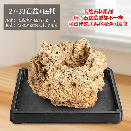 Absorbent stone flower pot, natural strange stone, absorbent stone, upper water stone, original stone stone pot, calamus succulent potted plant, bonsai micro-scape, 27-33cm stone pot + tempered rectangular holder + grass seeds