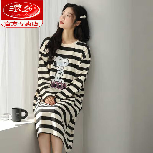浪莎（LangSha）2024年新款睡裙女春秋纯棉感秋冬季睡衣可外穿条纹家居服 W9764长袖睡裙 L 90-110斤