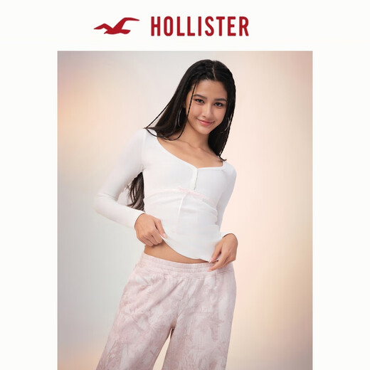 HOLLISTER25 Autumn American Y2K Sweet and Spicy Henley Collar Long Sleeve T-shirt Women's 339-5194 White M (165/88A)