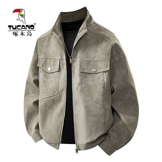 Woodpecker Jacket Men's Single Casual Jacket Trendy Slim Handsome Youth Autumn and Winter Fashion Motorcycle Leather Jacket Men's White Gray XL