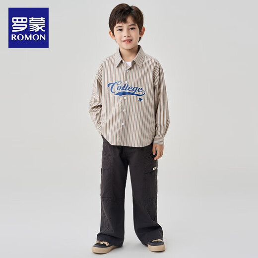 Romon Boys Long Sleeve Striped Casual Shirt Children's Versatile Top College Style Boys 2026 Spring and Autumn Jacket Beige 160