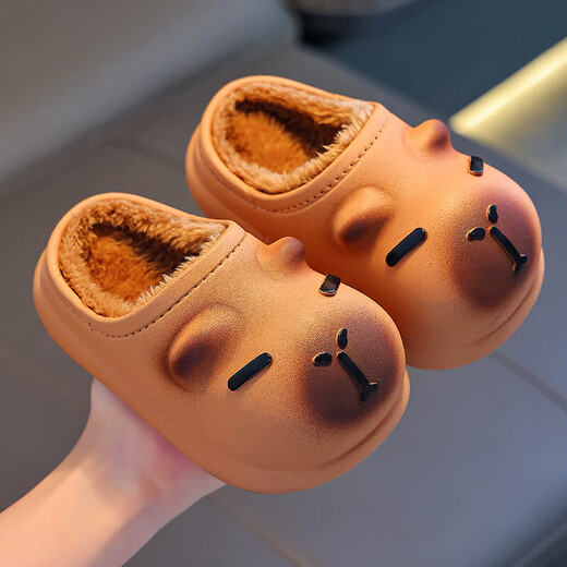 Kapibara children's cotton slippers feel like stepping on poop, boys' winter cute non-slip indoor bathing soft-soled baby slippers, upgraded version of environmentally friendly material desert gray slippers, size 12 35/36 (shoe inner length 21CM, suitable for feet 20