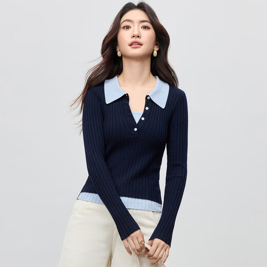 Shandubila wool fake two-piece sweater for women in autumn with contrasting color splicing polo collar slim stretch top
