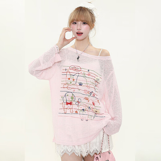 2025年甜美风线条猫咪狗狗印花长袖T恤女春夏微透感宽松防晒罩衫 杏色-锦鲤B114 L