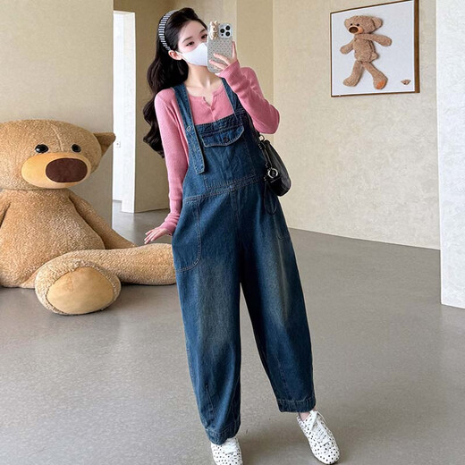 Ailanting's new autumn and winter pure cotton denim overalls for pregnant women, loose wide-leg overalls, slimming knitted V-neck tops, 2 sets, blue single-piece overalls L recommended 115-130 Jin Jin equals 0.5 kg