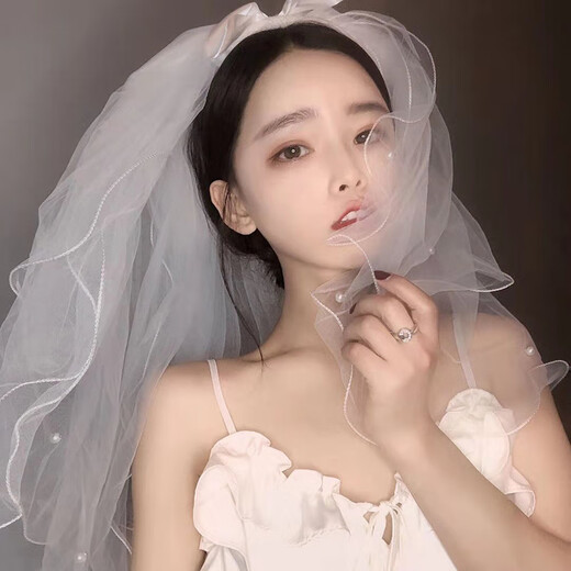 Pang Donglai Quality Proposal Veil White Headdress Get a Certificate Photo Props Bride Wedding Engagement Registration Main Wedding Dress 2 Layers丨 Hairpin [Big Ribbon Bow Curly Ring About 50cm] 60cm-80cm