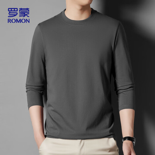 ROMON long-sleeved T-shirt men's spring and autumn solid color men's casual loose cotton bottoming shirt top men's 952 dark gray XL
