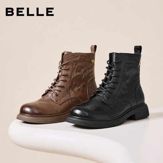 Belle wrinkled Martin boots for women 2025 winter new women's sheep leather texture fashion boots JD008DD5 black-velvet lining 38