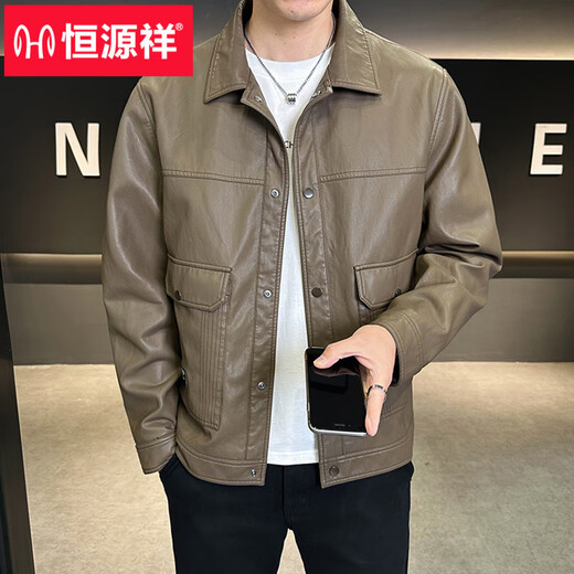 Hengyuanxiang Men's Leather Jacket Spring 2026 New American Fashion Brand Casual Lapel Men's Pilot Motorcycle Leather Jacket Brown XL