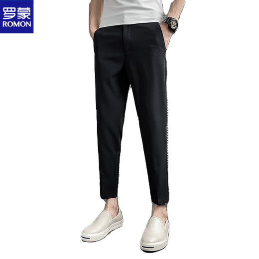 ROMON solid color casual trousers, versatile trousers for spring, autumn and winter, trendy handsome trousers, Korean style slim-fitting nine-point trousers for men, black trousers, plus* velvet version 27