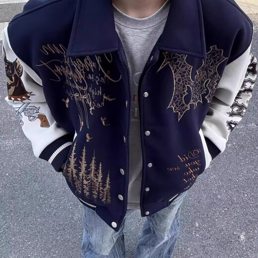 American high street woolen embroidered splicing jacket baseball uniform for men and women autumn new design hip-hop handsome jacket navy blue regular high quality L recommended 110-130Jin Jin equals 0.5 kg