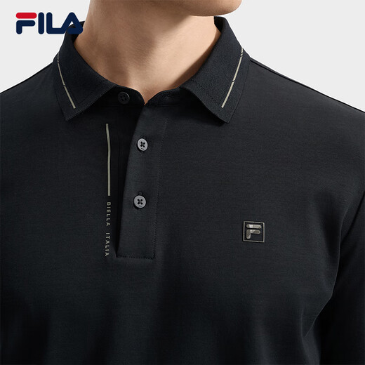FILA Official Men's Knitted Long-Sleeved POLO Shirt 2025 Autumn New Fashion Casual Basic Top True Black-BK M 170/92A/M