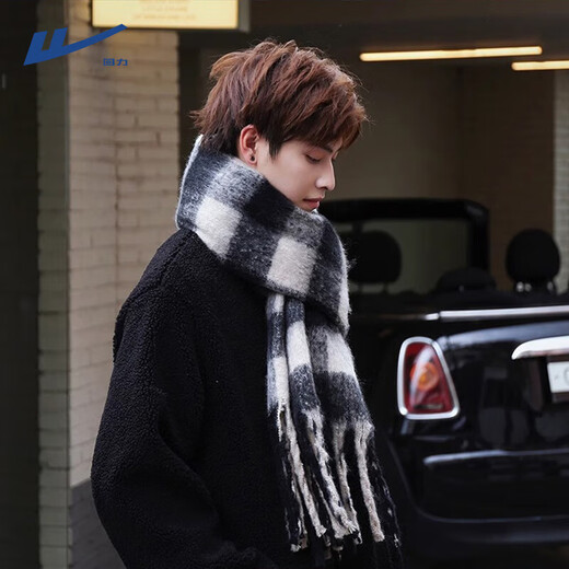 Pull-back scarf for men in winter, lengthened and thickened to keep warm, seahorse hair plaid scarf birthday gift for couples, scarf for women, black and white plaid, classic style