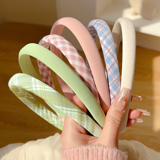Colorful plaid small hairband for women 2025 girls versatile outgoing card summer high-end sense pressure hair binding headband pink plaid