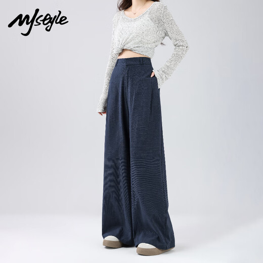 MJ STYLE wide-leg pants for women in summer thin high-waisted old-fashioned suit loose versatile straight-leg casual pants Navy blue M