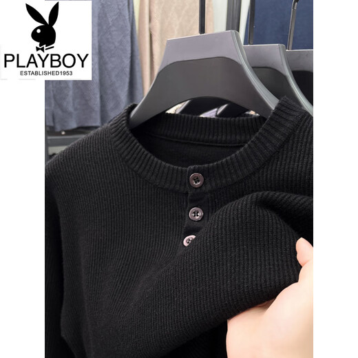 Playboy (PLAYBOY) Henry collar T-shirt men's long-sleeved autumn new jacquard inner layering shirt three-button round neck men's knitted sweater wool T black Q-19227 M 48