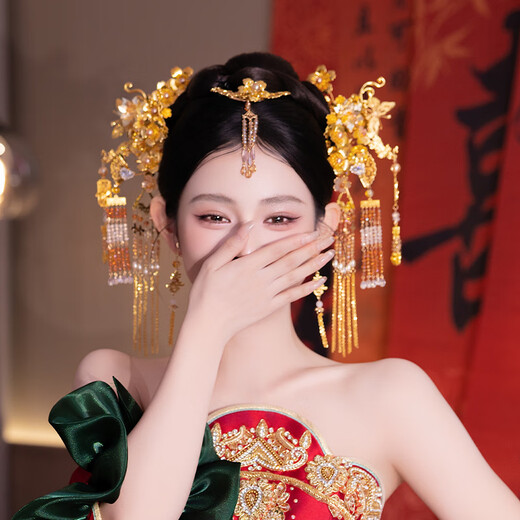 Yingtang bride Chinese style antique style glazed flower eyebrows covered with ancient tassels hairpin Xiuhe suit dragon and phoenix hanging hair accessories hair accessories set D0446Y