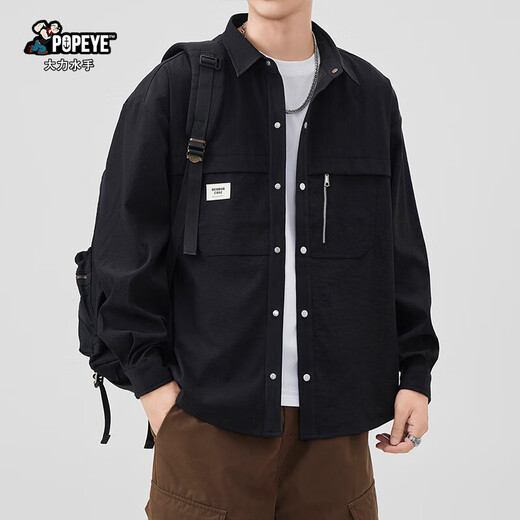 Popeye Japanese long-sleeved work shirt men's spring autumn loose casual versatile shirt jacket DC03 black M