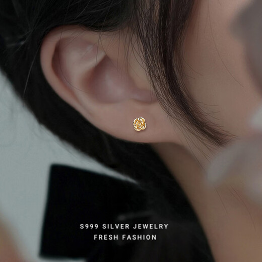 Yumian sterling silver earrings 999 pure silver earrings and earrings 2025 new birthday gifts for girls light luxury niche jewelry accessories a pair of golden rose earrings