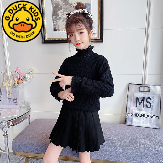 G.duck girls lace bottoming shirt autumn 2023 new autumn and winter plus velvet fashionable half turtleneck top for middle-aged and older children trendy beige color thin section 140 cm (recommended 42-55Jin Jin equals 0.5 kg) 8-9 years old