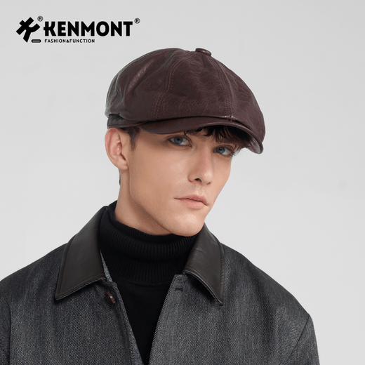 Kenmont British retro genuine leather beret autumn and winter windproof plus velvet warm gentleman forward hat large head circumference dark brown M 58c_ (adjustable)