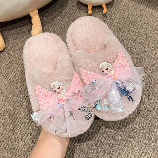 SKONWAT children's winter plush plush slippers, fashionable new girls' Elsa Princess home flat heel Baotou warm cotton slippers, white, size 26-27, inner length 18cm