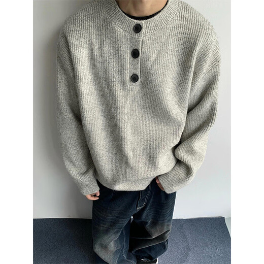 QGF gray American Henry collar sweater men's autumn and winter lazy style high-end knitted sweater cleanfit jacket light gray XL recommended 110-130Jin Jin equals 0.5 kg