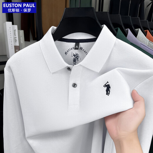 EUSTON PAUL Autumn new style 100% cotton men's long-sleeved T-shirt high-end lapel embroidery versatile POLO shirt for young and middle-aged people Black L (50) Weight 120-140Jin Jin is equal to 0.5 kg