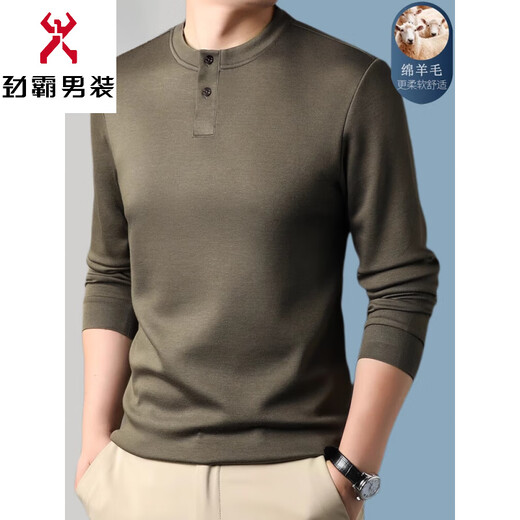 KBXNG Jinba autumn button long-sleeved T-shirt men's autumn and winter versatile henley shirt with wool men's high-end Chinese style loose military green 2XL 180