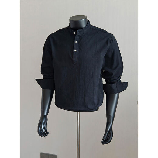Xiaohongshu black henley collar long-sleeved shirt men's autumn old money style polo shirt American lining black M