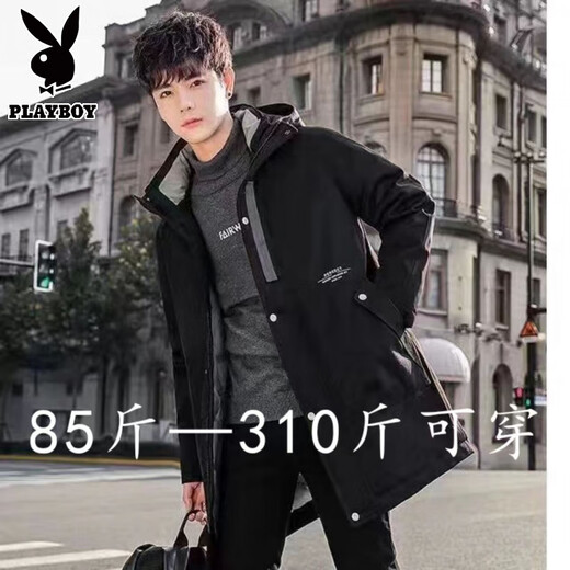 Playboy plus size plus size spring and autumn loose hooded college student casual winter fat trendy coat long men's windbreaker 621 black plus velvet 7XL wear 220-240Jin Jin is equal to 0.5 kg
