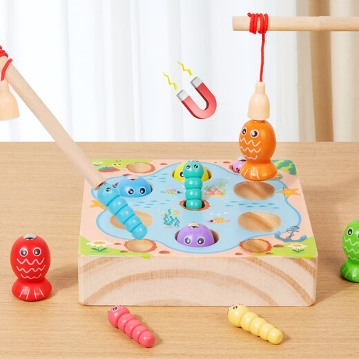 SANGTY children's fishing magnetic toys early education games intelligence boys and girls magnetic set three-dimensional fish box wooden fishing and catching insects game (solid wood thickness)