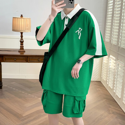 柏乐迪（BAILEDI）夏季短袖t恤胖男孩12-15岁初中高中学生帅气POLO衫14大童运动套装 6626黑色（短袖+短裤） 170 XL（建议体重130-150斤左右）