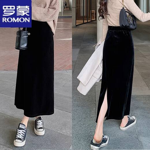 Luo Meng Golden Velvet Skirt Women's 2024 Autumn and Winter Korean Style Casual Temperament Slim Long Versatile Hip-covering A-Line Skirt Black XL