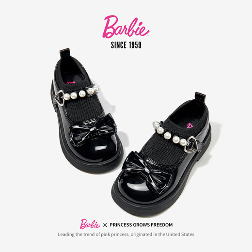 Barbie Girls Campus Black Leather Shoes Spring and Autumn Girls Soft Sole Small Leather Shoes Little Girls Princess Shoes DA6917 Black 31
