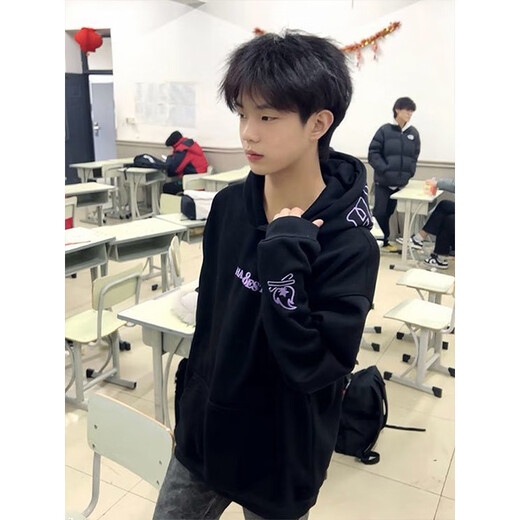 趣米乐美式高街硬挺连帽卫衣男秋冬季宽松潮流重磅慵懒上衣情侣外套帽衫 白色-加绒 L 【建议100-120斤】