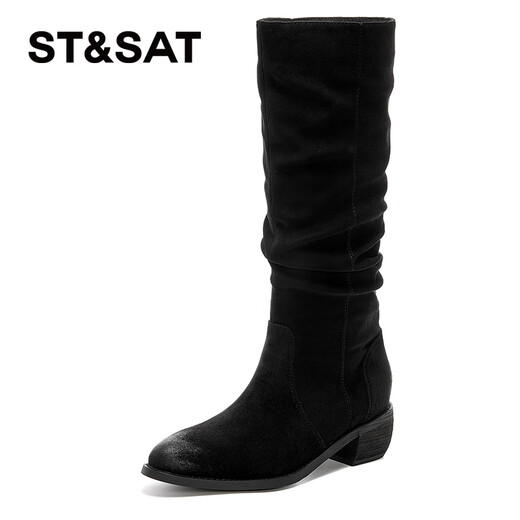 Bottes du samedi pour femmes avec des talons faibles Fashion rétro tendance sur le genou polyvalent 2025 Automne Nouveau code standard de mode décontracté polyvalent noir 35 (225 mm)
