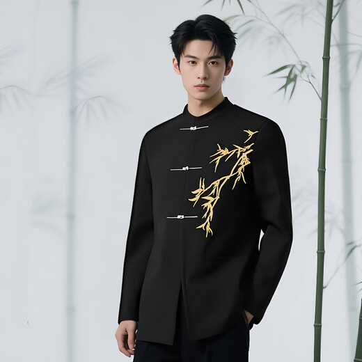 GOKU Men's New Chinese Style Engagement Dress Stand Collar Mao Suit Suit Chinese Style Embroidered Suit for Marriage Tang Suit Men Golden Bamboo Jacket + Pants L Recommended weight 110-130 Jin Jin equals 0.5 kg