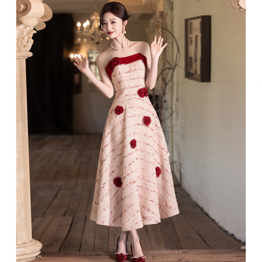 ACJK French toast dress bride 2025 new sexy tube top engagement dress dress pink home dressing gown for women pink_22352 M