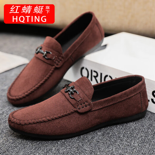 
HQTING Red Dragonfly's black 2025 leather comfortable men's one-foot Doudou Loafers leather shoes business flat sole single D881BU brown 40