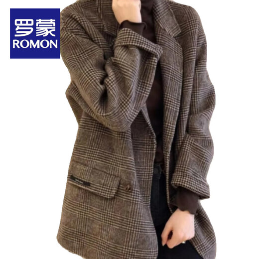 ROMON plus size women's 2025 spring and autumn style plaid suit woolen coat thickened quilted mid-length woolen coat brown 3XL (recommended 160-180Jin Jin equals 0.5 kg)