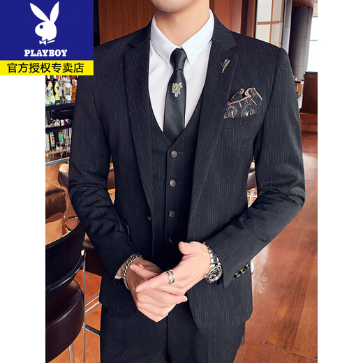 Playboy suit for men professional groomsmen Korean style groom wedding dress formal business slim casual suit for men 937 black (three-piece suit) jacket + vest + trousers + shirt + gift bag XL 52 Weight 120-130 Jin Jin equals 0.5 kg
