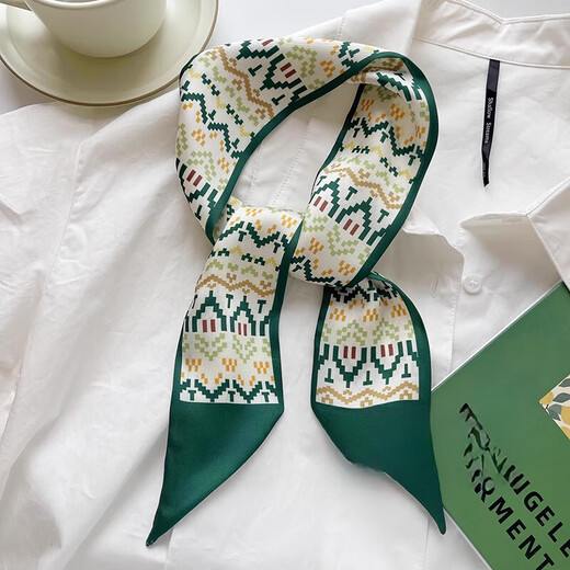 Aoyanlai white and tender green small silk scarf for women in spring and summer thin narrow ribbon headband hair tie bag decoration long scarf light green diamond grid