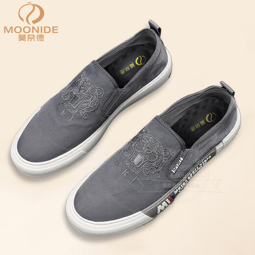 莫奈德奢侈高端品牌帆布鞋男一脚蹬懒人鞋百搭透气布鞋乐福鞋子男潮鞋 白色 41