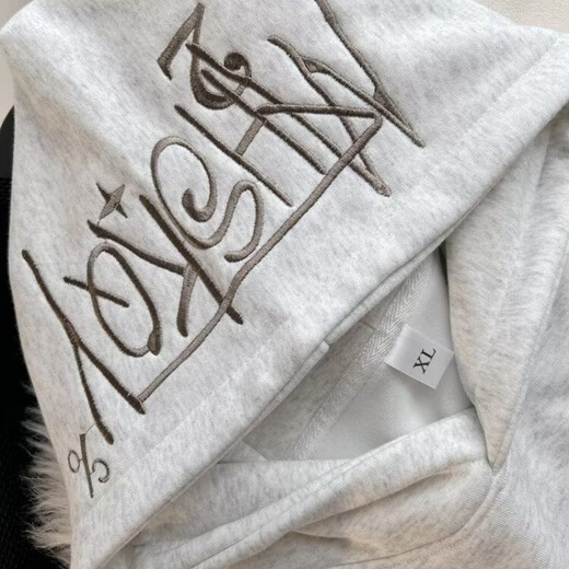 字母刺绣连帽卫衣男秋季重磅立挺高街美式上衣宽松百搭潮流衣服男 白灰色 L 建议100-120斤