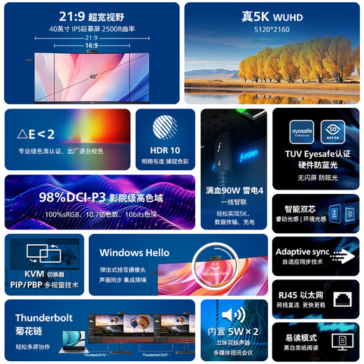 Philips (PHILIPS) 40-inch fish screen 5K curved monitor 21 9 Thunderbolt 4 smart dual-core HDR hardware anti-blue light with camera computer display 40B1U6903CH