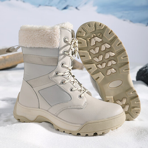 Qiyuemang outdoor snow boots for women, waterproof, anti-slip, mid-tube, velvet and thickened, Northeastern Harbin ski boots, winter leather-covered cotton shoes, beige 36