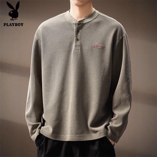 Playboy (PLAYBOY) American retro sweatshirt men's autumn new trendy brand Henry collar loose textured long-sleeved T-shirt grass green M _ Recommended 86-100Jin Jin equals 0.5 kg