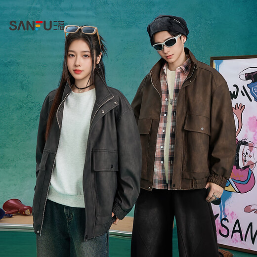 Sanfu 2025 Autumn and Winter New Men's Fashion Tie-Dye PU Leather Jacket Retro Loose Jacket 506210 Brown L