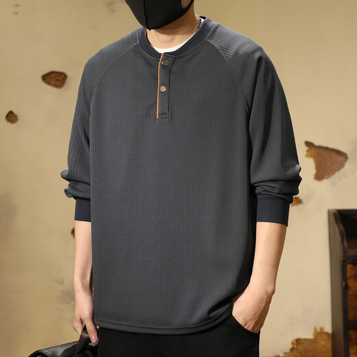 Ten Cranes American Retro Heavy Henley Neck Sweatshirt Men's Fall Trendy Loose Casual Texture Long Sleeve T-Shirt Black (280g Heavy Henley Neck Sweatshirt) 4XL (200-220Jin Jin is equal to 0.5 kg)